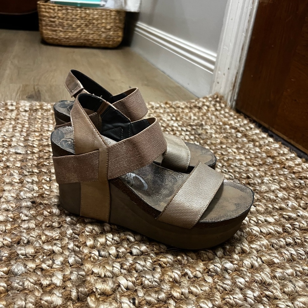 Tan Wedge Shoes with Chunky Heel and Ankle Strap